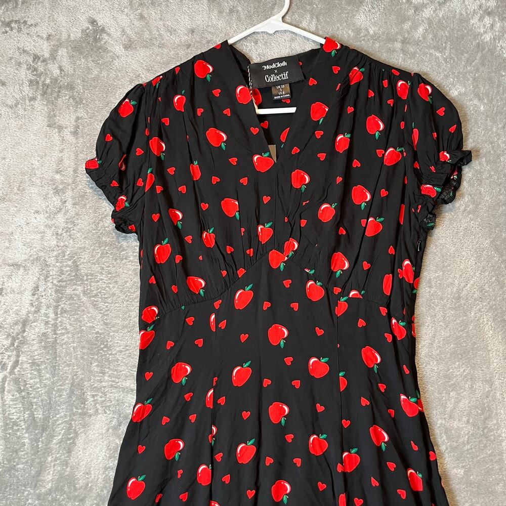 Modcloth X Collectif Gwendolyn Love Apples Tea Dress Size‎ Small Black Red New - Picture 2 of 9